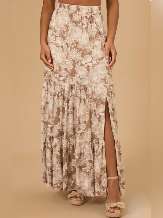 ARULA Rynn Beige Floral Tiered Maxi Skirt with Front Slit sz 22/24
